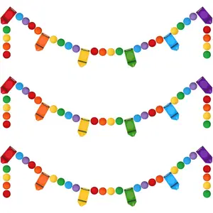 3 Pcs Crayon Felt Pom Pom Ball Garland Handmade Hanging Felt Ball Garland Back to School Decor for Classroom Ambience Celebration Decor
