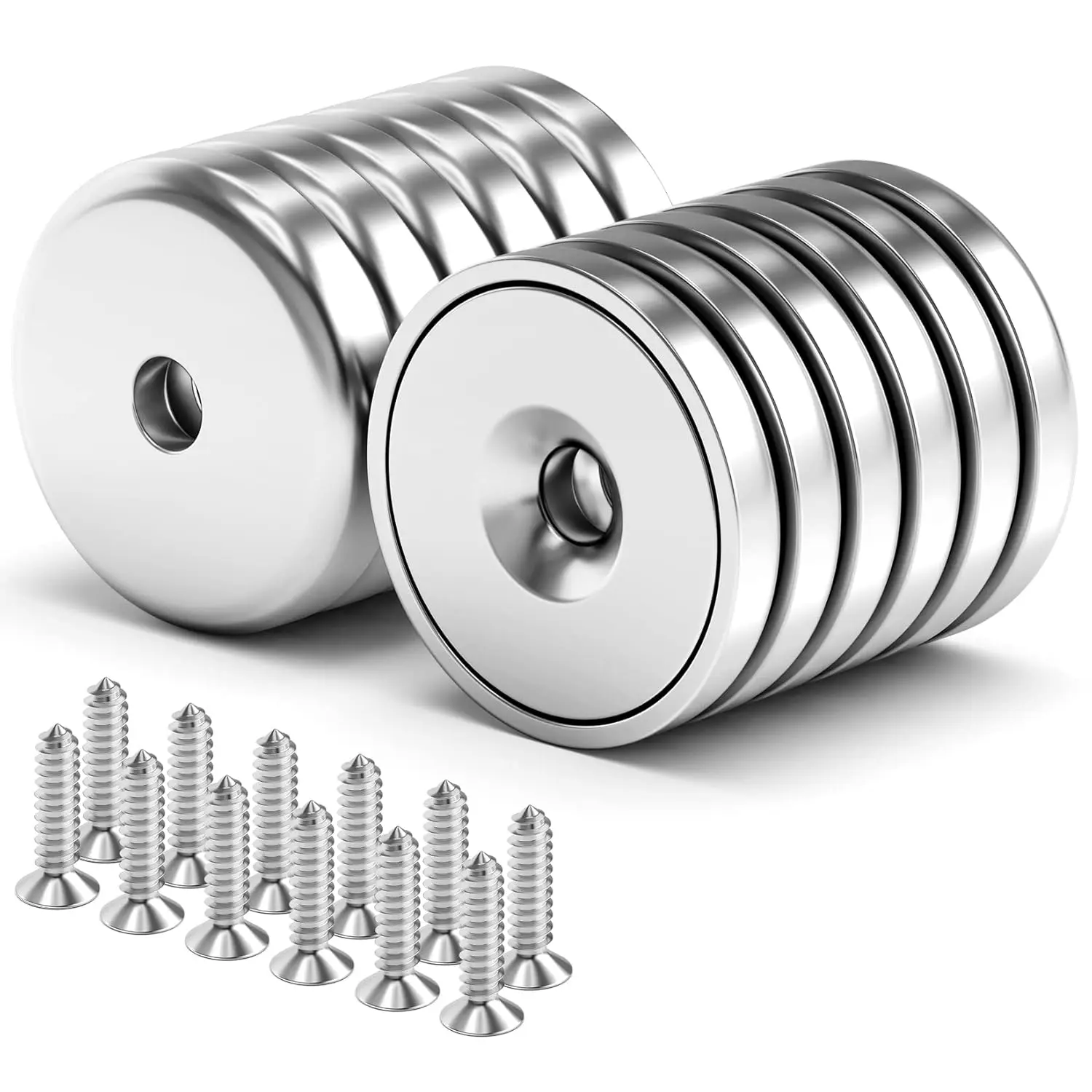 Neodymium Cup Magnets, Strong Rare Earth Magnets, 12 Pack 60LBS Round Base Disc Magnet Heavy Duty with Countersunk Hole and Stainless Screws for Kitchen, Office, Workplace, Craft