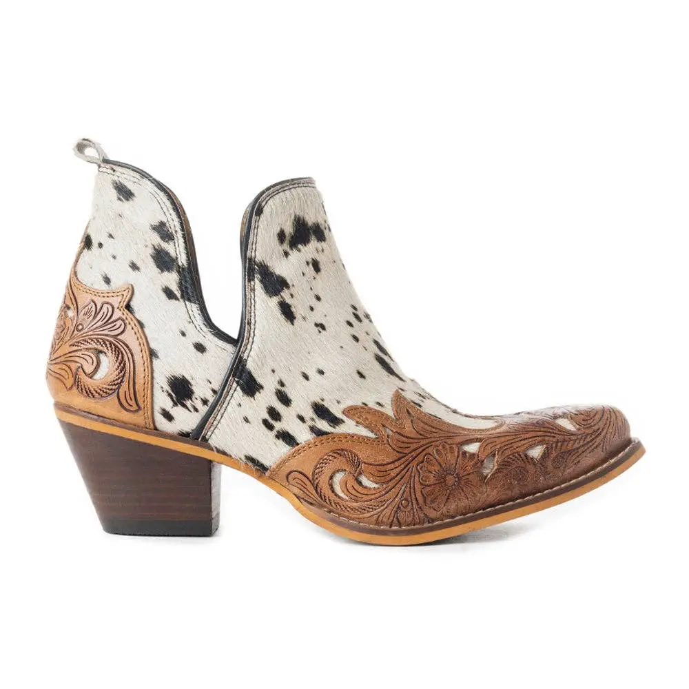 West Street Western Hand-Tooled Booties: Black And White