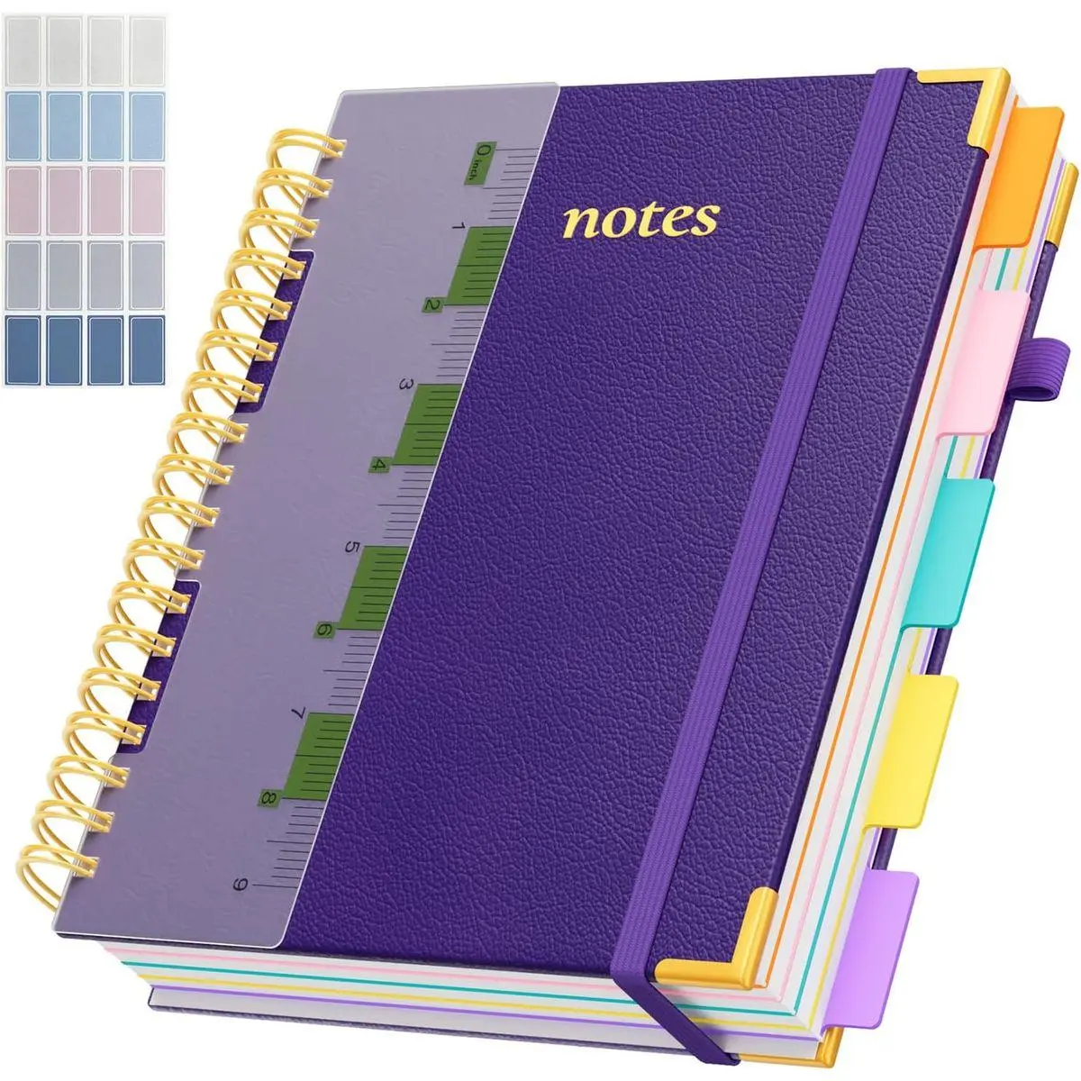 Line Hardcover Spiral Notebook with Removable Dividers Tabs & Ruler, 5 Subject Notebook College Ruled, 300 Page, Large 8"x10" B5 Notebooks for Work School, Lined Journal for Women & Men, Purple
