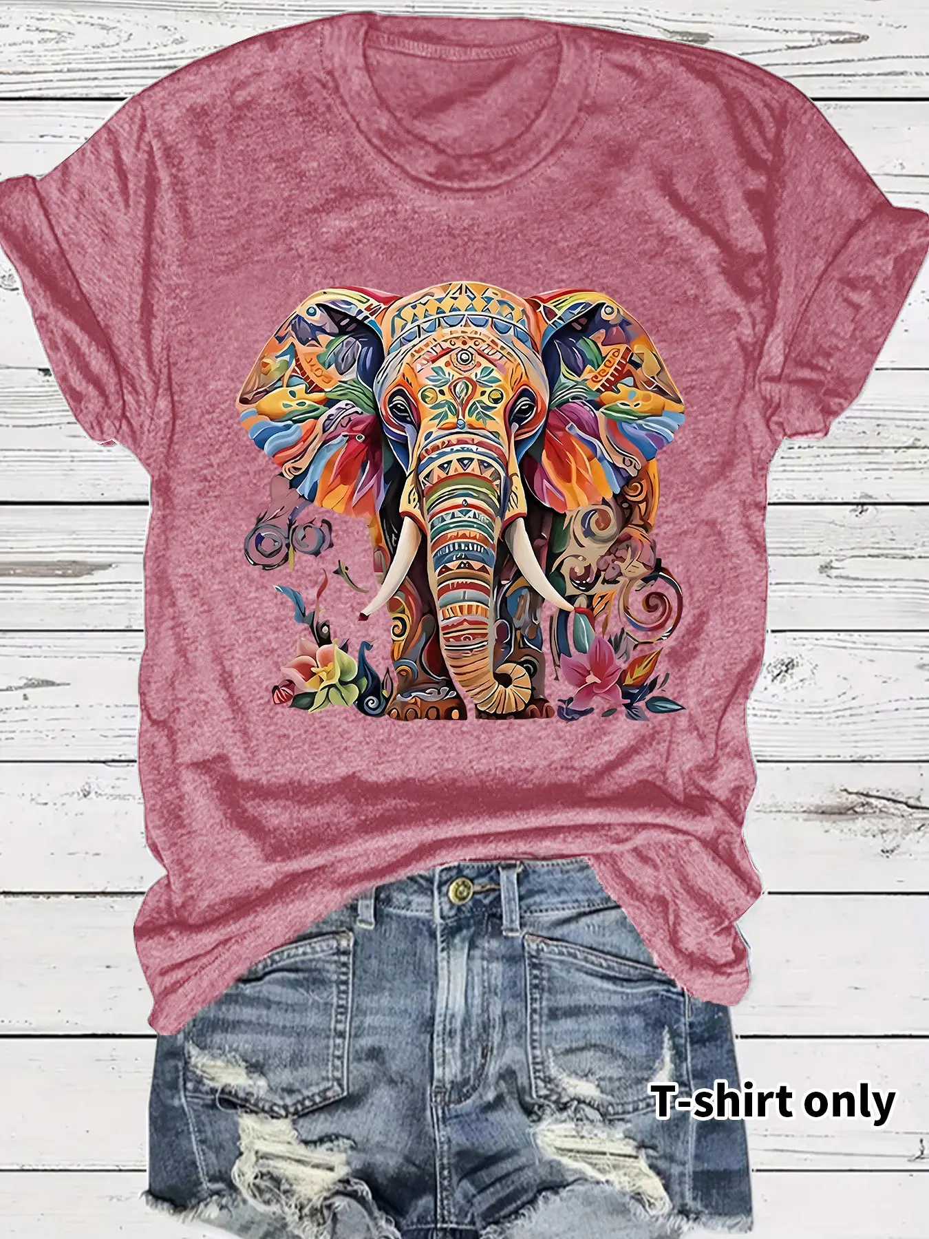 Women's Casual Streetwear Short Sleeve Summer T-Shirt Animal Tee Lady, Saint Elephant Print, Soft Breathable Fabric, Round Neck, Regular Fit, All Seasons, Casual Tee Tops
