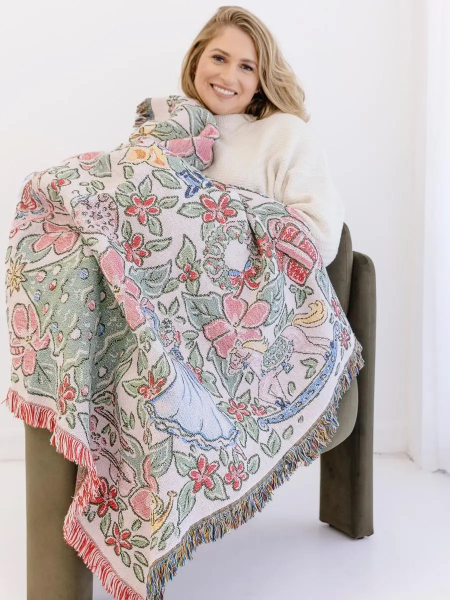 Nutcracker in Bloom Floral Woven Blanket Throw Afghan with Custom Design featuring Nutcracker, Clara, Rat King, Sugarplum Fairy, Rocking Horse | Lilly Inspired Christmas Gift Home Decor