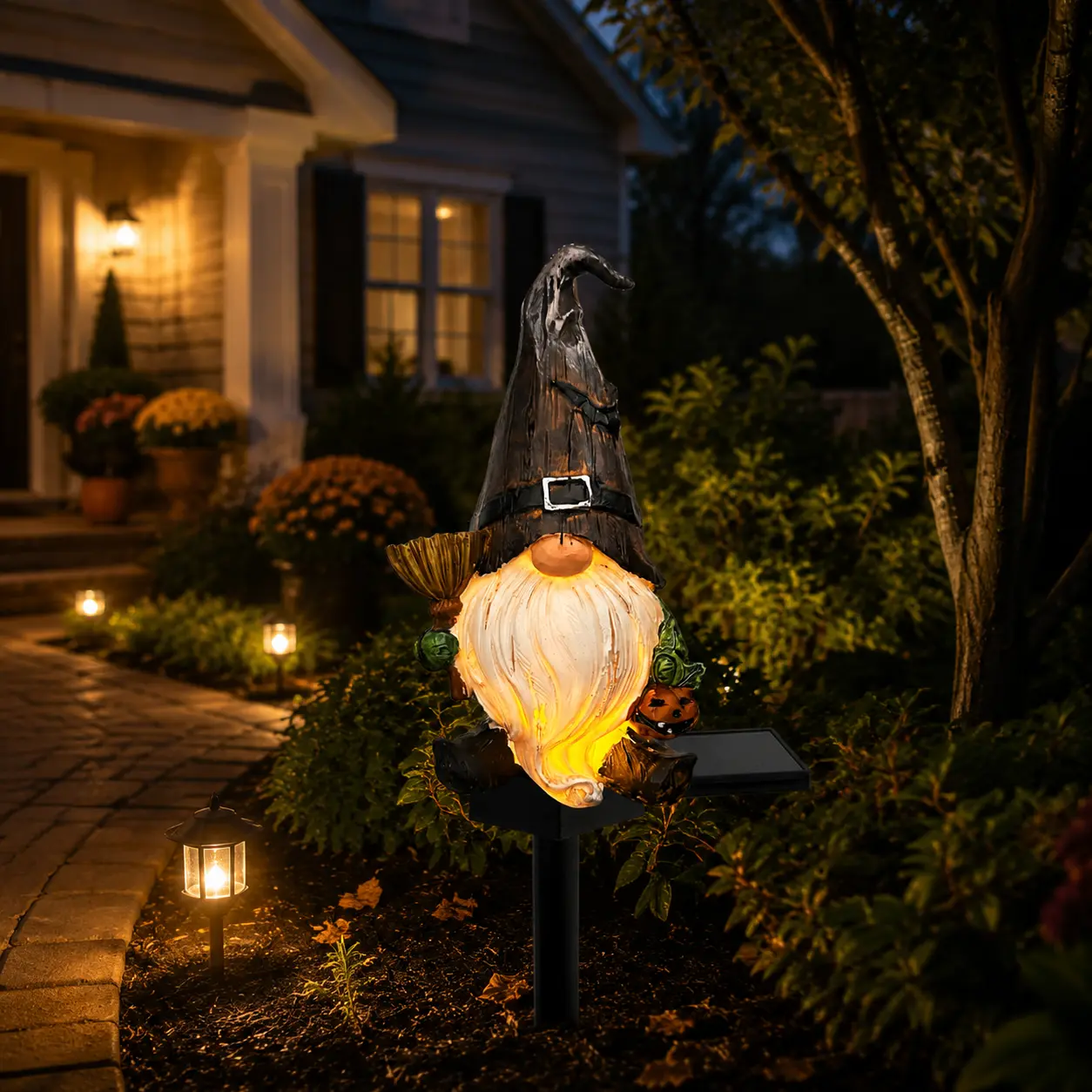 Halloween Solar Garden Gnome Light - Witch Hat Gnome with Glowing LED Beard, Pumpkin & Broom Details, Solar-Powered Yd Stake Decor for Lawn, Patio, Spooky Halloween Garden Ornament Gift