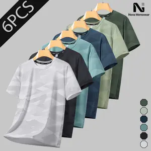 Men's 6 Pack Geometric Camo Print T-Shirt Set, Solid Color Block Regular Shoulder Crew Neck Short Sleeve Tops, Trendy Streetwear Summer Tees for Daily Wear Gym Workout and Beach Vacation