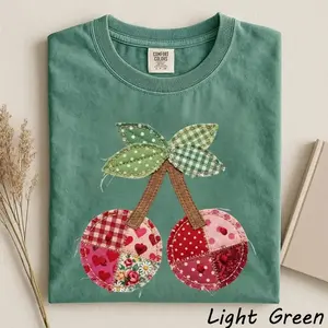(Printe) Comfort Colors Cherry Printed T-Shirt, Patchwork Quilted Farmhouse Cherry Tee, Rustic Gingham Floral Cottagecore Aesthetic, Vintage Print Shirt, Mama Gift - TrendWear USA