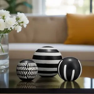 Sagebrook Home Set of 3 Decorative Orbs Contemporary Black and White Tribal Design Round Orb Decor Ceramic Artistic
