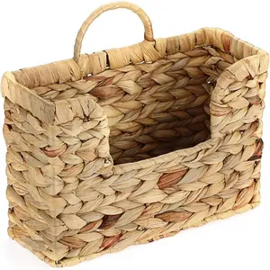 Handwoven Water Hyacinth Storage Basket with Handle, Rustic Farmhouse Organizer for Living Room, Bathroom & Entryway