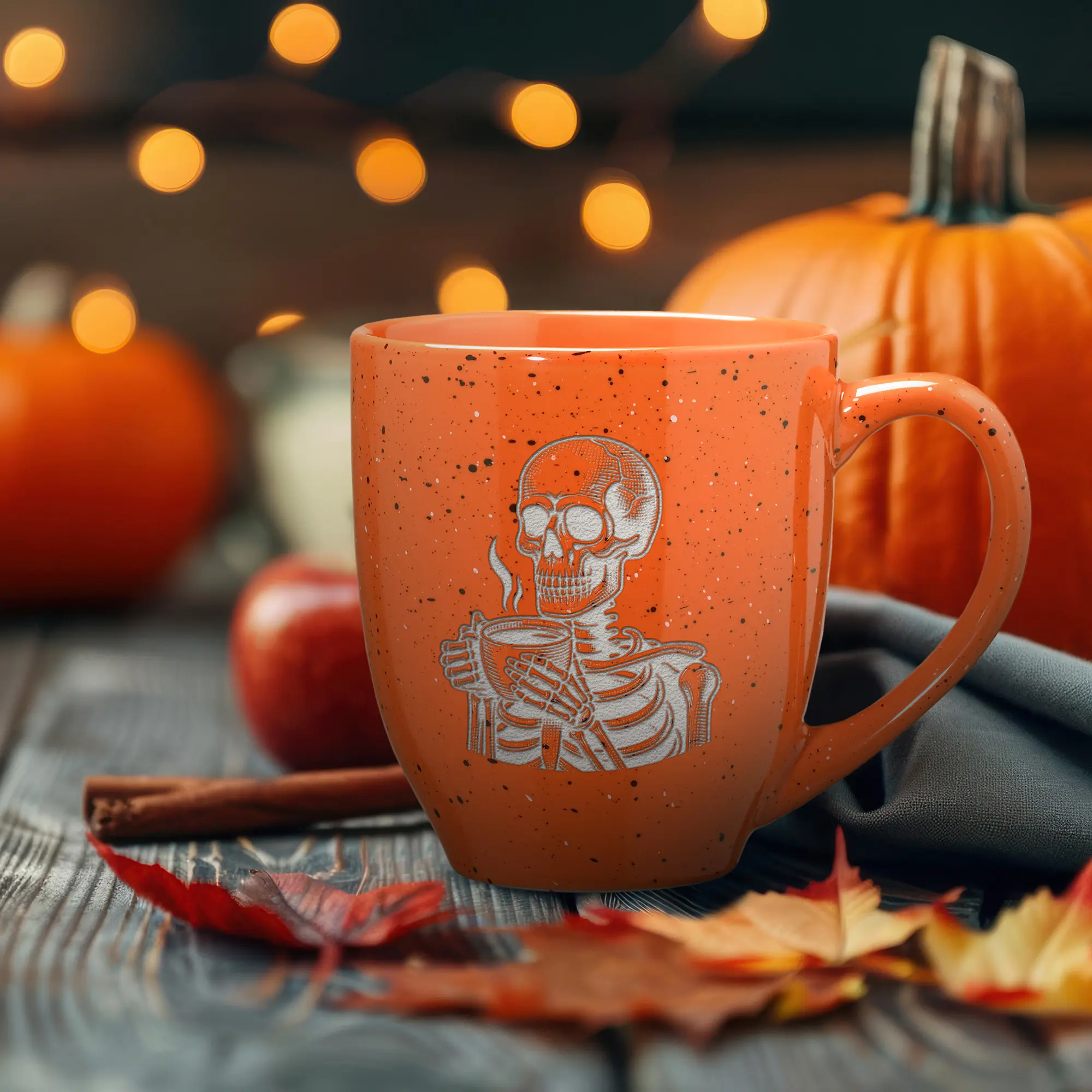 HALLOWEEN - SKULL COFFEE 16-OZ LASER ENGRAVED SPECKLED CERAMIC COFFEE MUG - ORANGE
