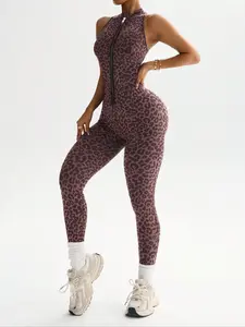 Women's Sexy Leopard Print Jumpsuit, Formal & Casual Wear, Elegant Party, Zipper Design, Durable Yoga, Butt Lifting, One-Piece, Workout Jumpsuit, Workout Gym Clothing, Sporty Comfy Jumpsuit, Sportswear Jumpsuits