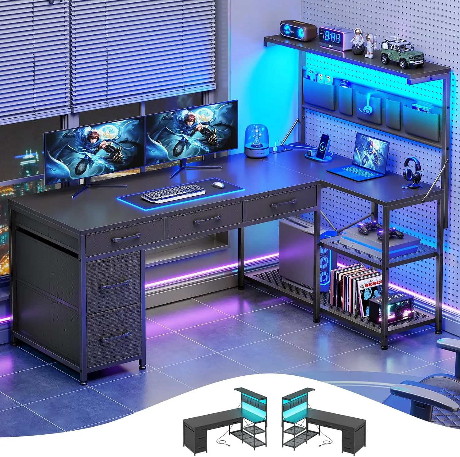 Itaar L Shaped Gaming Desk with 5 Drawers and Storage Shelves, Reversible Computer Desk with Bookshelf for Home Office, L Shaped Corner Desk with LED Lights, Power Outlets and Storage Bag