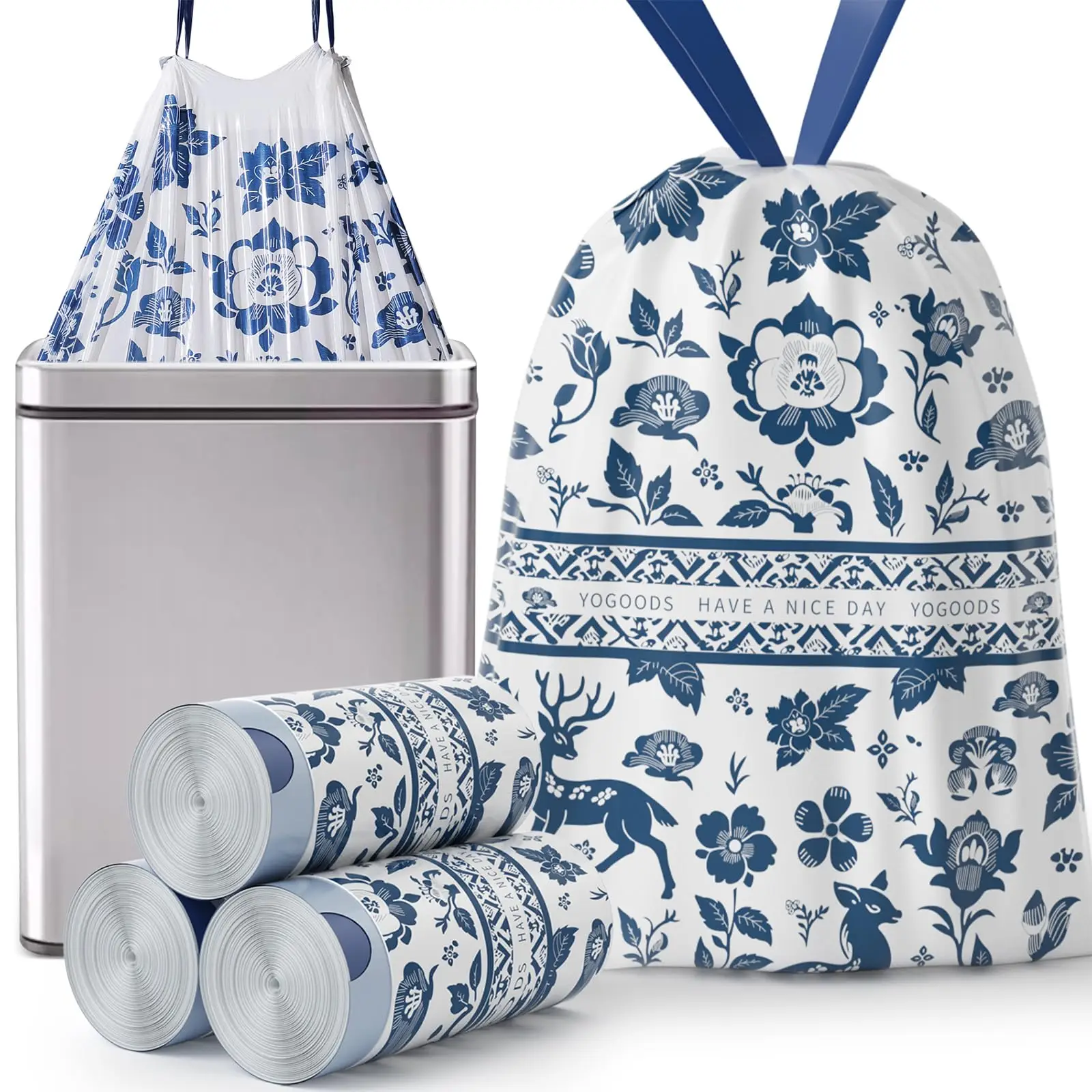 13 Gallon Drawstring Rip-Proof Trash Bags, Blue and White Porcelain Theme Printed Sturdy Trash Bags for Office, Kitchen, Bedroom Trash Cans