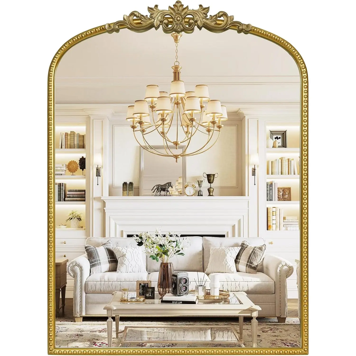 Mirror for Vanity 22x30 Inch,  Antique Mirror with Ornate Frame, Arched  Wall Mirror for Bathroom, Living Room, Fireplace, Entryway