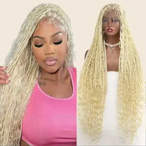 Summer Essentials 40-Inch Full Lace Premium Synthetic Fiber Bohemian Box Braided Wig Knotless Boho Braided Wigmother's Day Gift for Weddings Parties Special Events