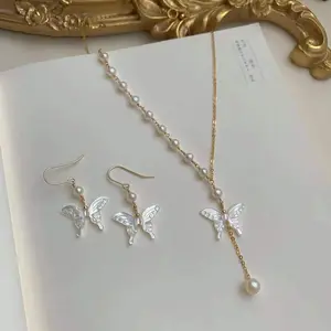 SR Pearl Co. Freshwater Pearl butterfly 14K Gold Filled Necklace and Earring 2 Pieces Women Elegent Wear Perfect for Everyday Women Gift
