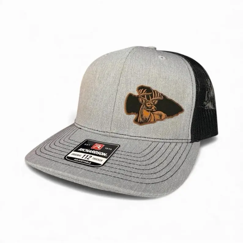 Deer Arrowhead Leather Patch Trucker Hat, Gray Black Mesh Back Snapback, Buck Hunting Cap, Adjustable Outdoorsman Gift for Men, Husband and Dad