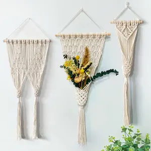 Handmade Dried Flower Net Bag, Farmhouse Style Tassel Wall Decorative Storage Pouch, Living Room Wall Decor, Mediterranean Style Spring Summer Decoration