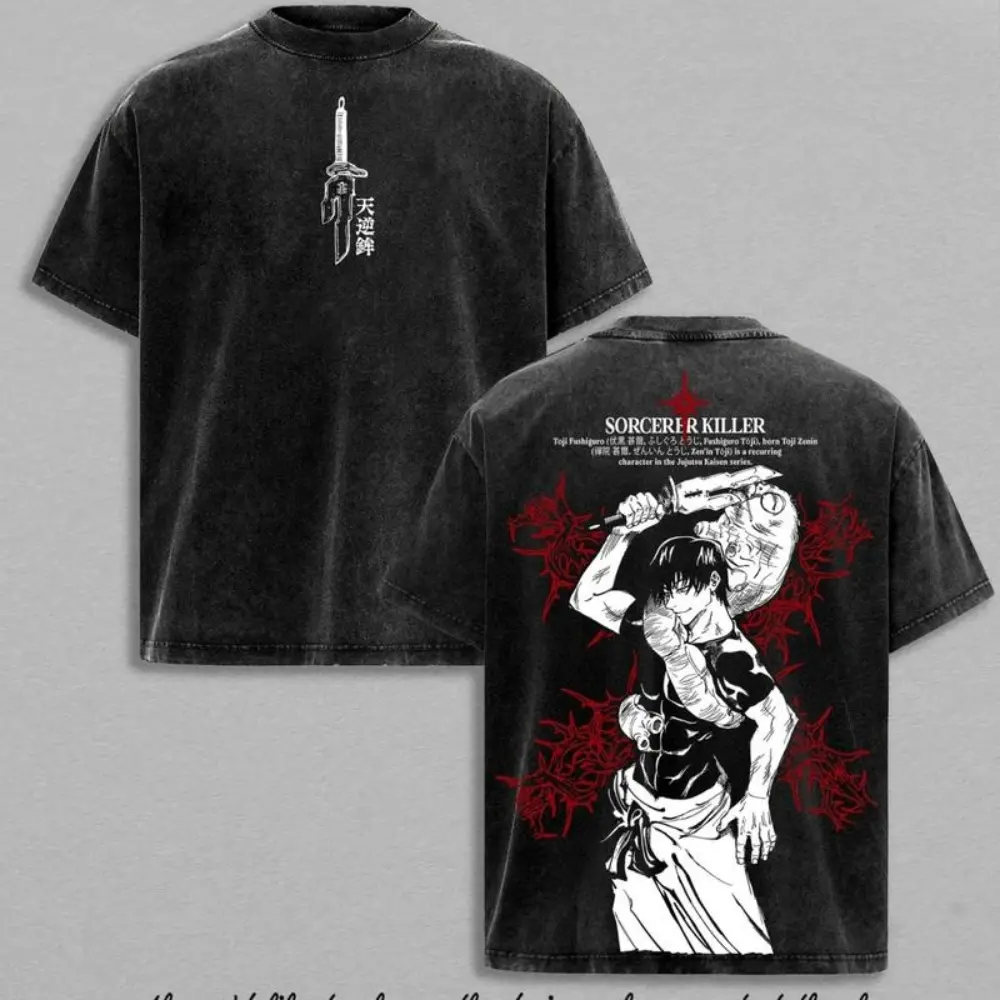 Vintage Washed Jujutsu Kaisen Toji Fushiguro T-Shirt – Sorcerer Killer Anime Graphic Tee, Oversized Unisex Streetwear for Anime Fans, Heavy Cotton Retro Manga Merch Jujutsu Kaisen Anime Manga Unisex Washed Tshirt Top Streetwear Fit graphic tee