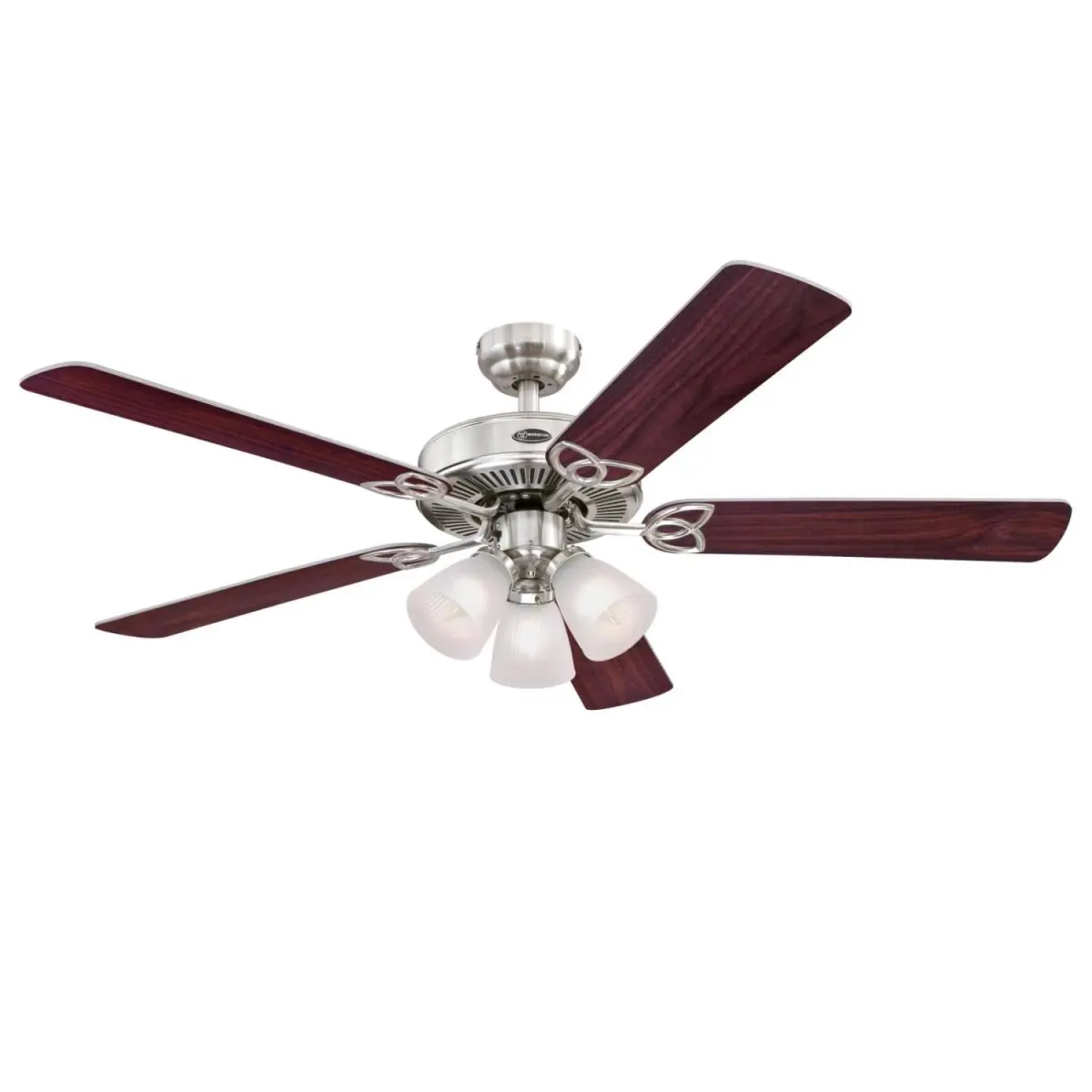 Westinghouse 52 in. Ceiling Fan with Dimmable LED Light Fixture Brushed Nickel Finish Reversible Blades Rosewood & Light Maple Frosted Ribbed Glass