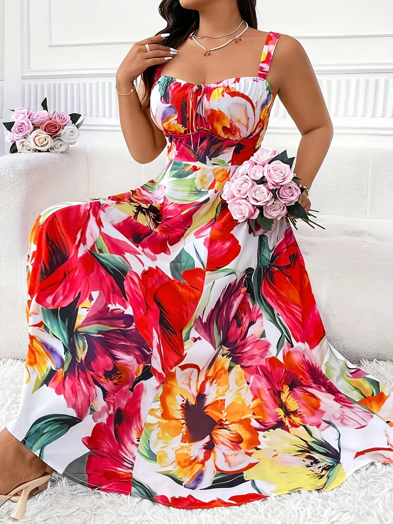 Women's Plus Size Fashion Casual Wear Shirred Ruched Casual Style Bohemian Floral Print Dress, Elegant Loose-Fitting Spaghetti Strap Sleeveless Midi Dress, All Seasons Woven Fabric, Boho Style Dresses