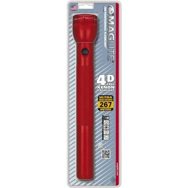 MAGLITE Krypton Bulb Flashlight, 98 Lumens, Red Aluminum Body, Industrial-Tactical Use, 4 D Batteries Not Included, Model S4D036, Not Applicable