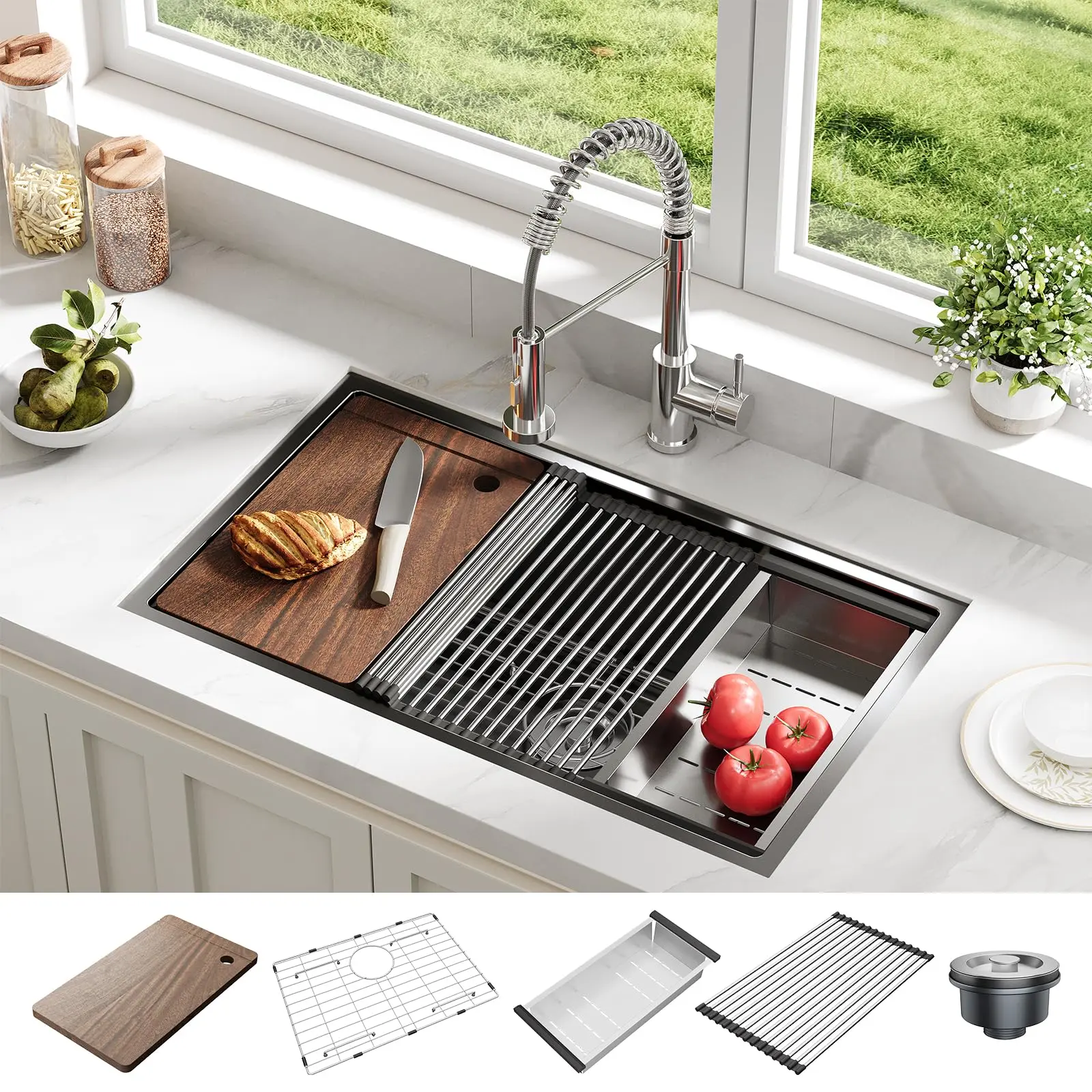 GARVEE Undermount Kitchen Sink, 32x19 Inch Stainless Steel Kitchen- Single Bowl Sinks , Modern Top Mount 16 Gauge Workstation Sink-with Cutting Board for Bar, Black (Not Included Faucet)