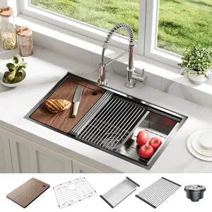 GARVEE Undermount Kitchen Sink, 32x19 Inch Stainless Steel Kitchen- Single Bowl Sinks , Modern Top Mount 16 Gauge Workstation Sink-with Cutting Board for Bar, Black (Not Included Faucet)