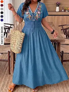 Plus Size Women's Short Sleeve Embroidered A-Line Dress, V-Neck Tie Detail, Elastic Waist, Boho Style, Casual Wear, Perfect for Summer Parties