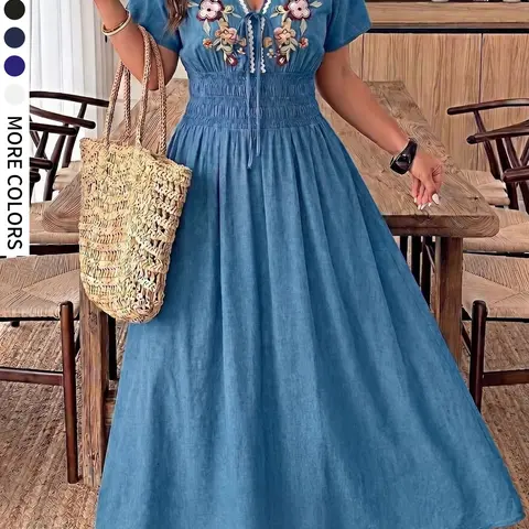 Plus Size Women's Boho Bohemian Short Sleeve V-Neck Tie Embroidered Breathable Elastic Waist A-Line Casual Dress for Summer Parties Casual Wear