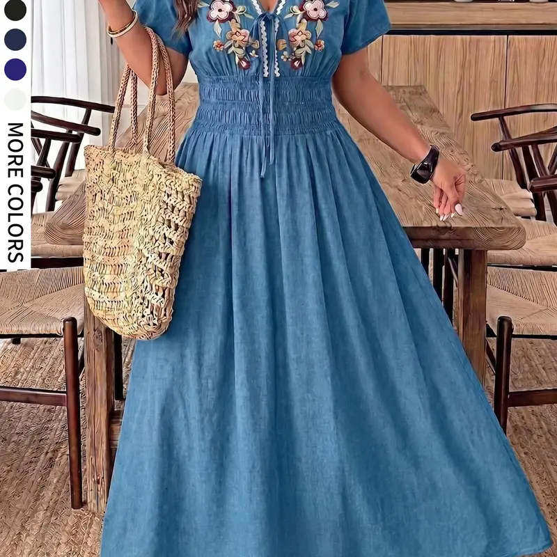 Plus Size Women's Boho Bohemian Short Sleeve V-Neck Tie Embroidered Breathable Elastic Waist A-Line Casual Dress for Summer Parties Casual Wear