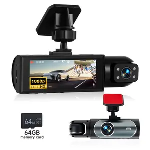 Front & Inside Car Dashboard Camera, 1 Count Car Dashcam with 64GB Card, Wide Angle Car Driving Recorder with IR Night-Visionr, 3.16 Inch lPS Screen 1080P HD Camera with Dual Lens, Birthday Gifts, Automotive Dashcam