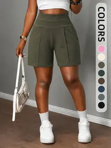 High-Waisted Waist Cinching Casual Gym Shorts for Women, Summer Flowy A-Line Wide Leg Five-Quarter Pants with Pockets