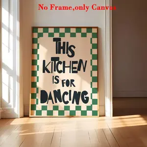 1 Pc, Wall Art, Vintage Poster, This Kitchen Is for Dancing Art Print, Green and White Checkered Canvas Painting, Unique and Creative Wall Aesthetic Decoration, Perfect Decoration for Kitchen and Dining Room, Unframed Art Print