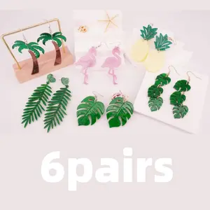 6 Pairs Coconut Palm Leaf Dangle Earrings Tropical Earrings Flamingo Hawaiian Earrings Fashion Accessories