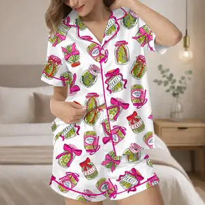 Pickle Pink Bows Pajama Set, Women’s Pickle Lover Pink Bows Pajama Set, Sleepwear Gift, Satin Pajama Set, Gift For Her