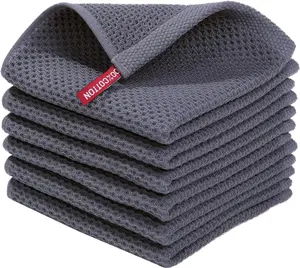 Cotton Waffle Weave Dish Cloths, 6 Pack Kitchen Towels, Ultra Soft Absorbent Quick Drying Dish Cloths, 12 x 12 Inch, Dark Grey