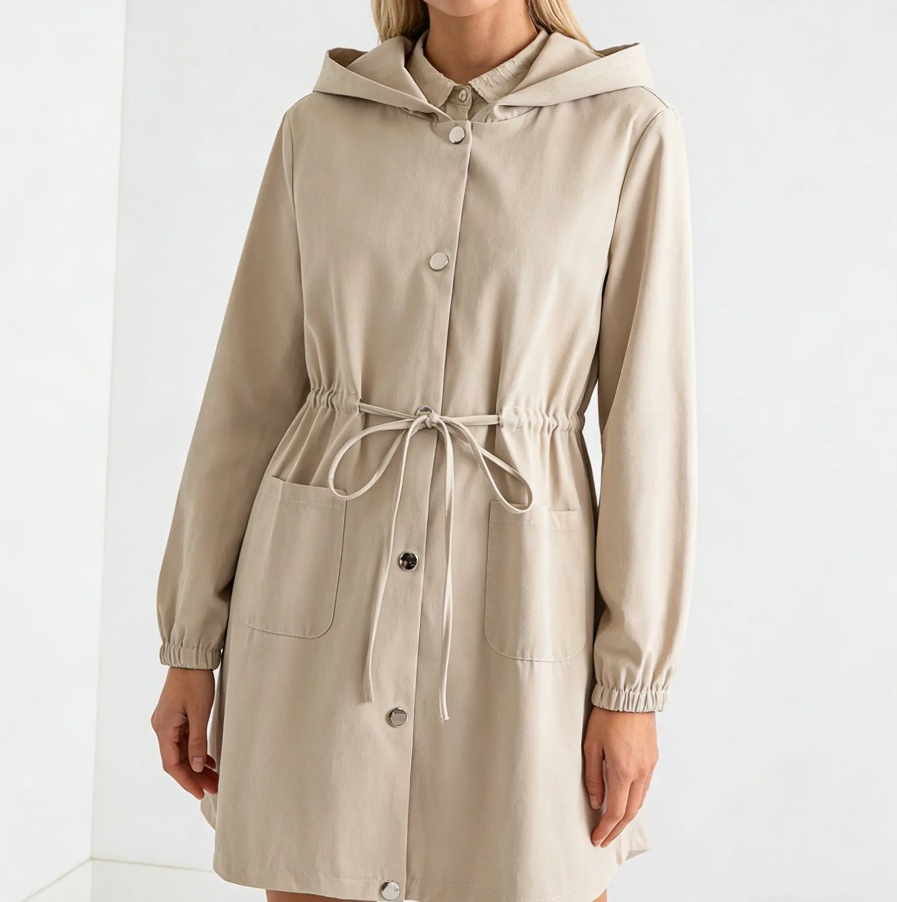 Women's Basic Casual Oversized Hooded Neck Long Sleeve Trench Coat - Lightweight Sports Outerwear, Breathable Weave Fabric, Button-Front, Elastic Cuff, Cinched Waist, Side Pocket, Windproof, Smooth Minimalist Design, Drawstring for Commuting