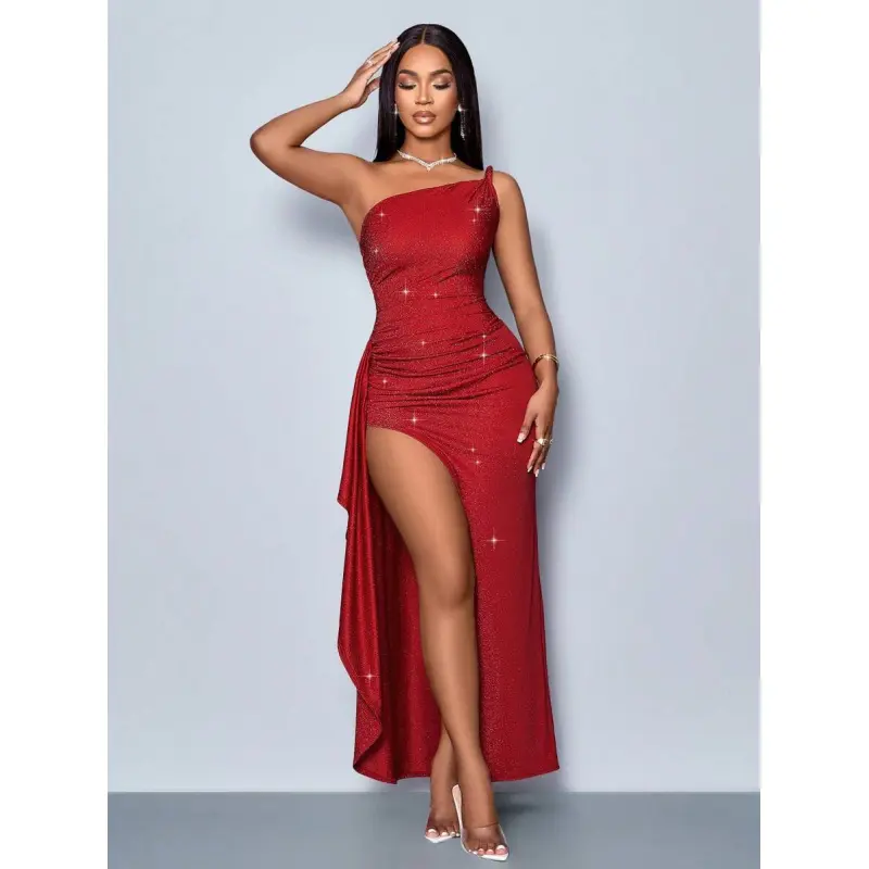 Women's Slim Red Christmas Festival Formal Dress - Asymmetrical Neckline, Ruffle Trim, Sparkly Fabric, High Slit, Zipper Closure, Long Maxi Bodycon for Formal Wear Night Out, Fit