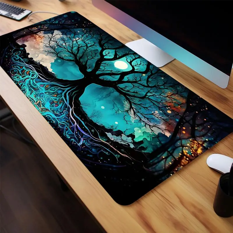 Tree Of Life Night Sky Design Mouse Pad, 1 Count Rectangle Gaming Mouse Pad, Non-Slip Rubber Base Stitched Edge Desk Pad for Home Office Game Room, Office Desk Accessories, Gaming Desk Accessory