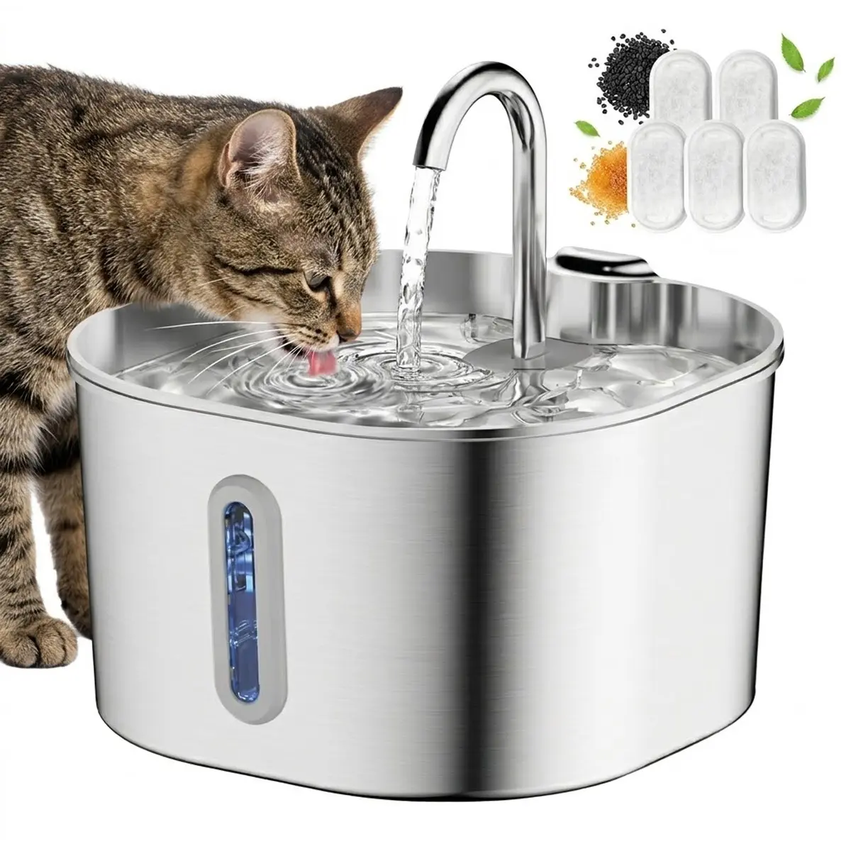 Stainless Steel Cat Water Fountain with 5/12 Replacement Filters, 2.2L Water Fountains for Cats Indoor with Quiet Pump, Pet Water Fountain Faucet Spout Design Cat Fountain Drinking Inside