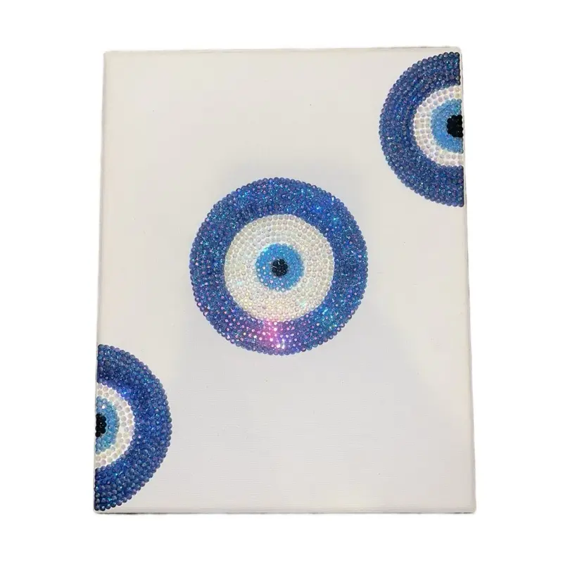 Evil Eye Rhinestone Canvas - Blue Rhinestone Design, White Canvas, Decorative Wall Art