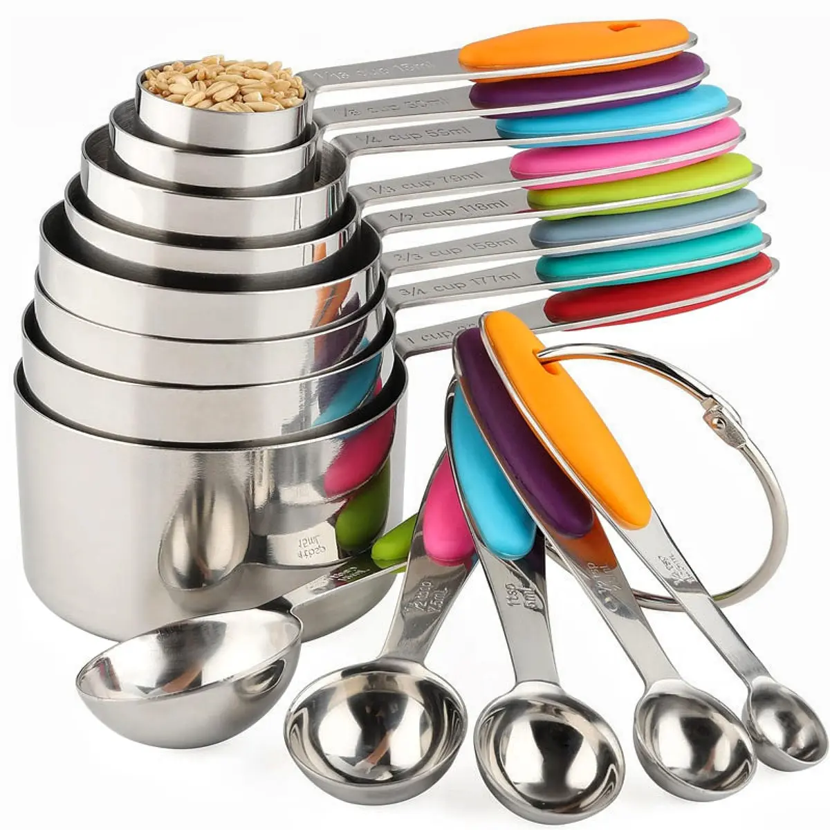 13pcs Stainless Steel Measuring Cups and Spoons Set with Silicone Handles - Ideal for Cooking and Baking, Food-Safe Kitchen Utensils, Baking Essentials,Engrowed Marks, Stackable & Dishwasher Safe to End Kitchen Guesswork