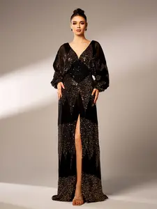 Elegant Lantern Sleeve V-Neck High Split Prom Dress with Alluring Sequin Detail and Glamorous Design Formal Womenswear Party Workwear