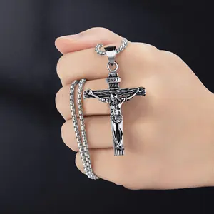 Religious Stainless Steel Necklaces Jesus Christ Cross，Christian Jewelry for Men Women, Protection Amulet Pendant