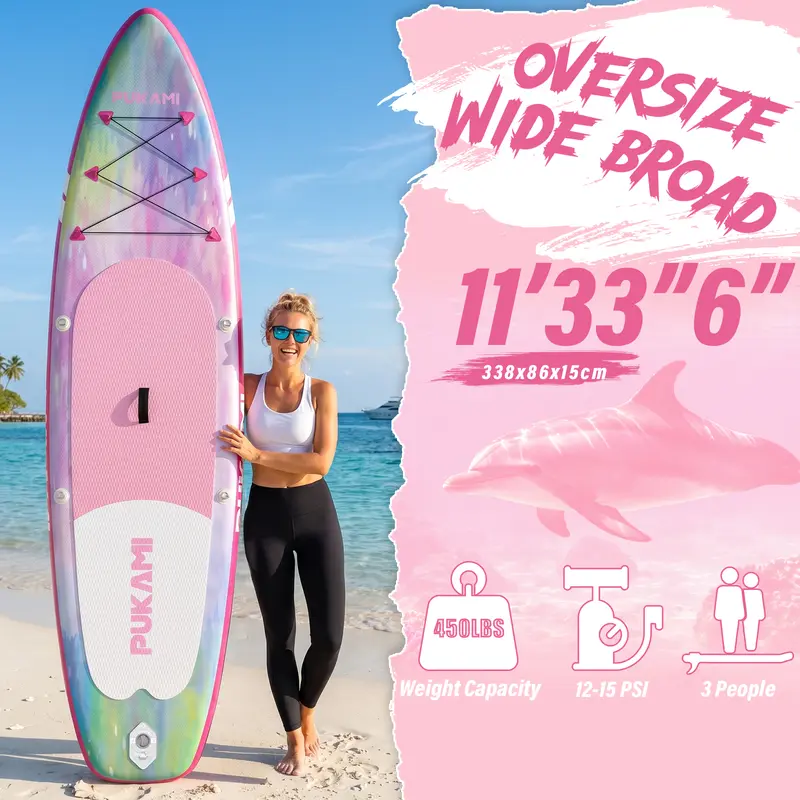 PUKAMI Inflatable Stand Up Paddle Board (SUP) for Adults, 10.6' 33-Inch Wide Stable Sport Board with Adjustable Paddle, Pump, Leash, Non-Slip Deck, Carry Bag, Waterproof Phone Bag, 450 lbs Capacity for Yoga, Fishing Trips