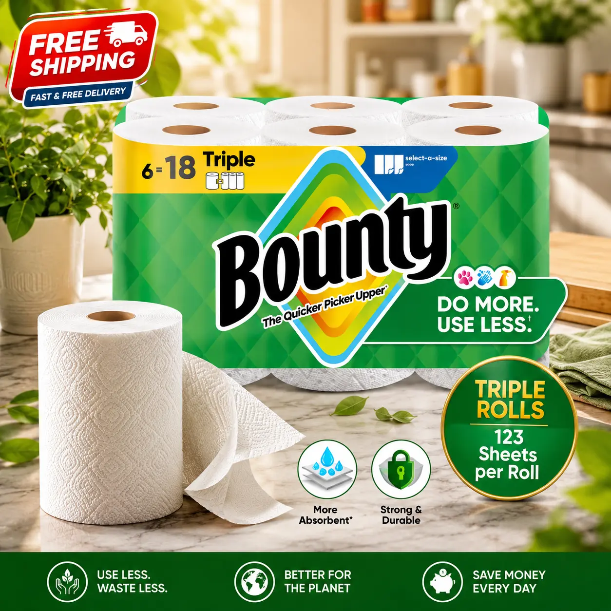 Bounty Select-A-Size Paper Towels, White, 6 Triple Rolls
