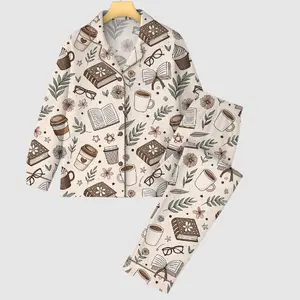 Women’s Beige Coffee And Books Reading Lover Girly Bookish Print Short Sleeve Satin Pajama Set, Long Sleeve Satin Pajama Set