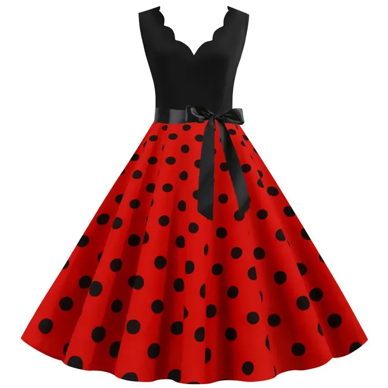 Contrasting Black Satin Belt, Vintage 1950s Polka Dot Swing Dress – Retro A-Line Midi, Sleeveless V-Neck Casual Womenswear Everyday Style