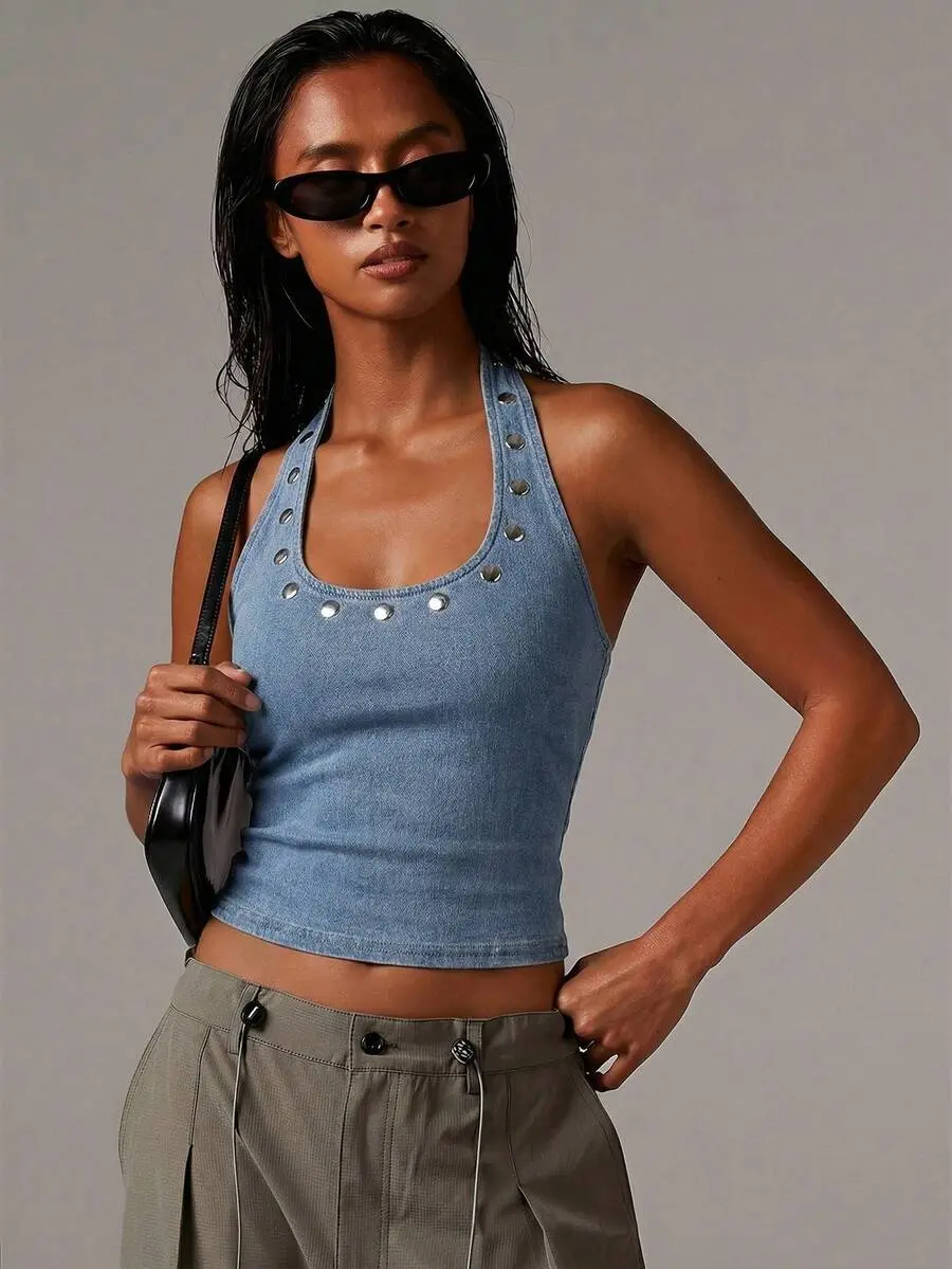 DenimCo Women Blue Washed Knitted Denim Camisole Sequin Elastic Cut Tank Top Y2K Streetwear Night Out Summer