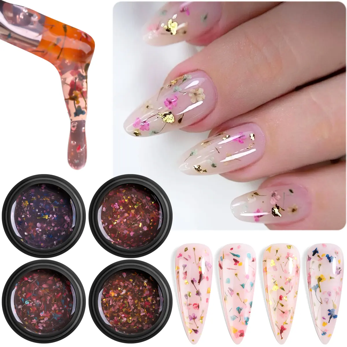 Fcozpjk Dried Flowers Gel Nail Polish 4Colors Flower Gel Nail Polish Soak Off UV/LED Nail Polish Spring Summer Floral Nail Art Design Translucent Jelly Gel Nail Polish Kit Home Manicure Nail Products Nail Supplies