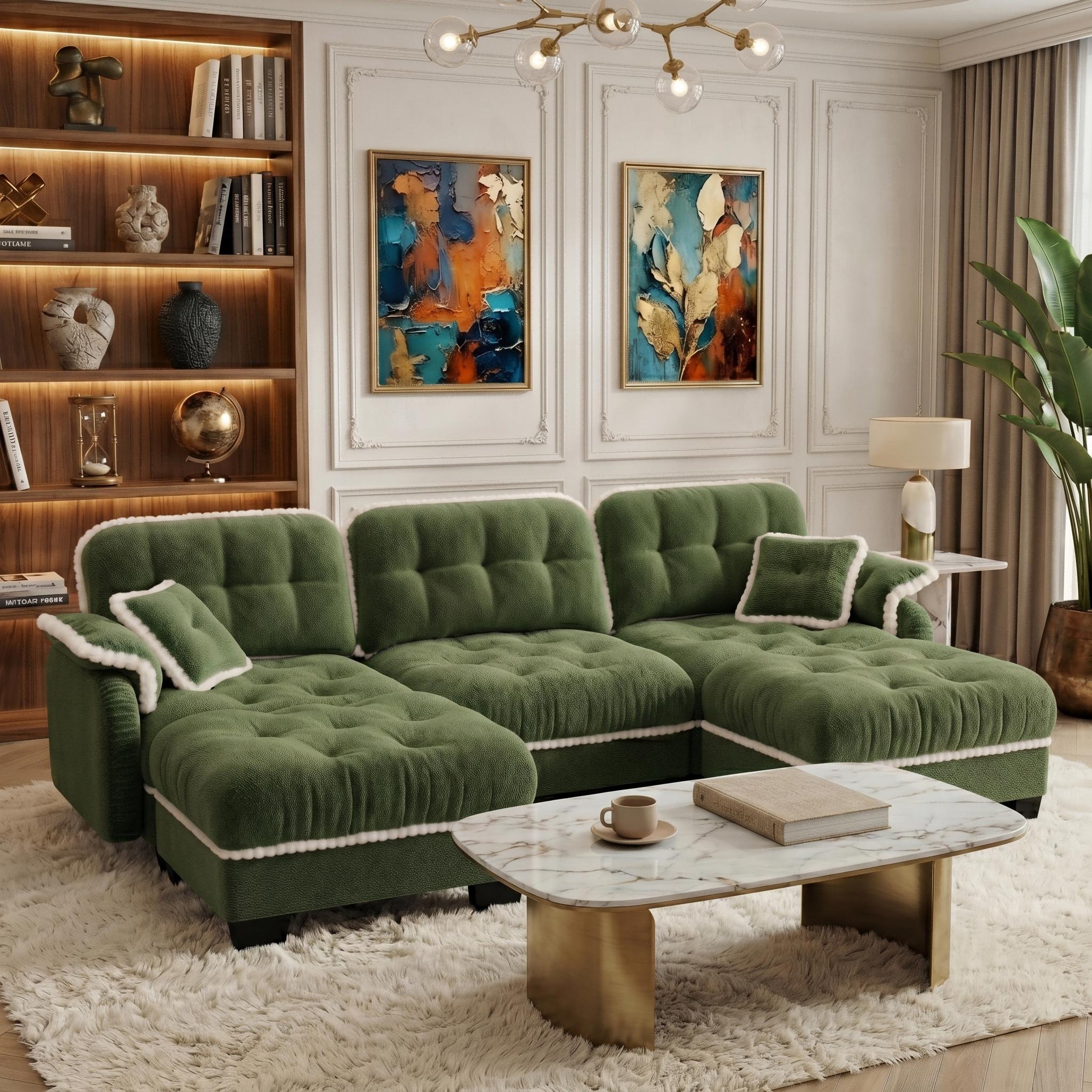 Eyisean 100.7in Chenille Modern Modular Sectional Sofa Furniture - 3-Seater U-Shaped Comfy Couch with Fixed Arms, Armrest Pillow, Back Cushion, 2 Movable Ottomans, Pom-Pom Trim Quilted Tufted Deep Seat, Ergonomic for Living Room Decor, Small Spaces, Ottom